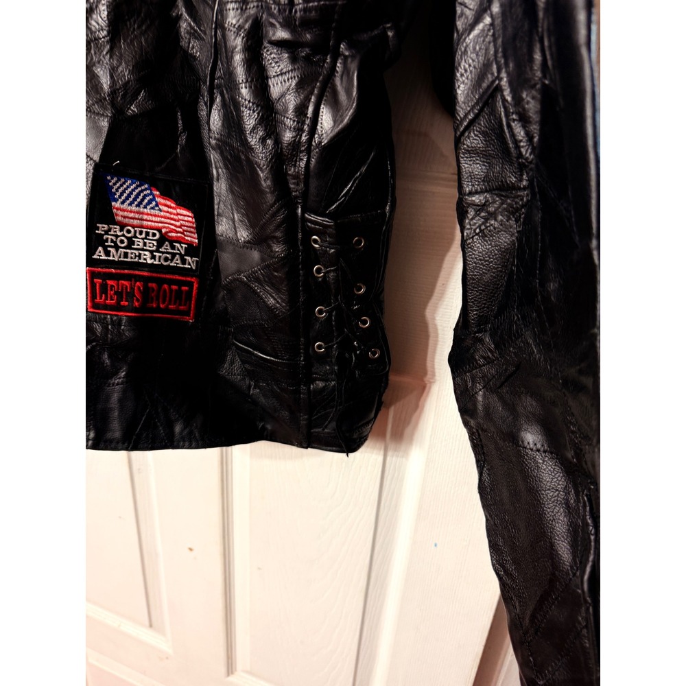 Diamond Plate Buffalo Leather Biker Jacket Mens XL Patchwork Live To Ride Eagle - Picture 9 of 15